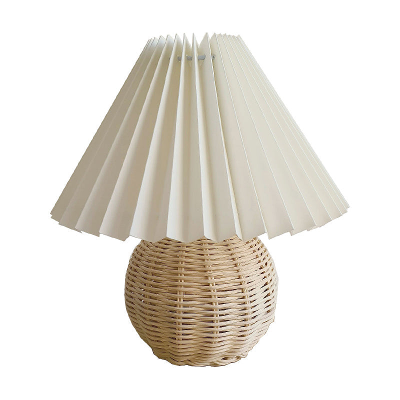 Candeeiro de Mesa Redondo em Bambu e Vime - Candeeiro de Cabeceira Modernista Branco com Abajur de Tecido em Forma de Pagode