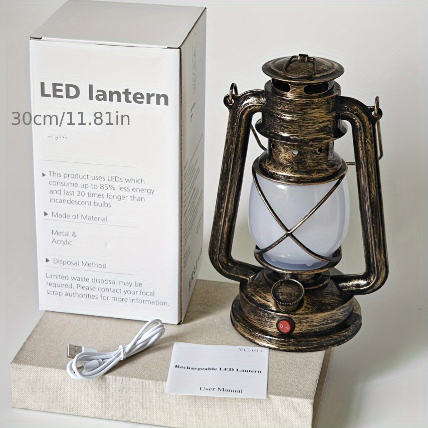 RetroLantaarn - Oplaadbare LED Lantaarn met Vlamlichteffect, Antieke Koperen Afwerking