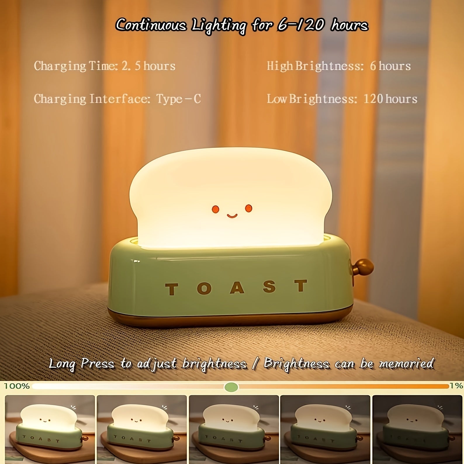 LumiToast - Cute USB Rechargeable LED Toaster Table Lamp, 3000K Warm Light