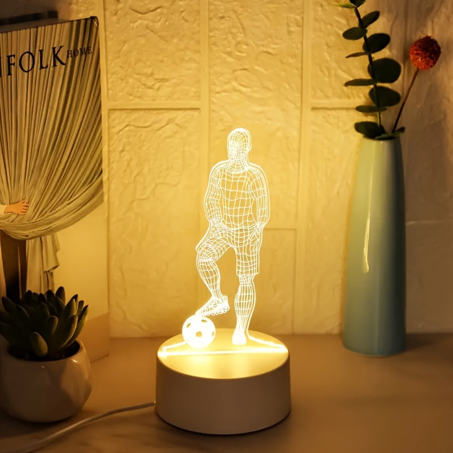 SportGlow - Lâmpada de Mesa LED com Ilusão 3D de Jogador de Futebol e Cúpula de Acrílico