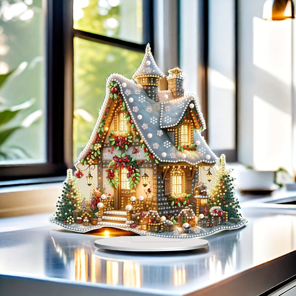 Pintura de diamantes 5D acrílica DIY Arte de la aldea navideña con casas - Kit de manualidades para adorno de escritorio, obra de arte de mosaico festivo, regalo de decoración para casa y dormitorio