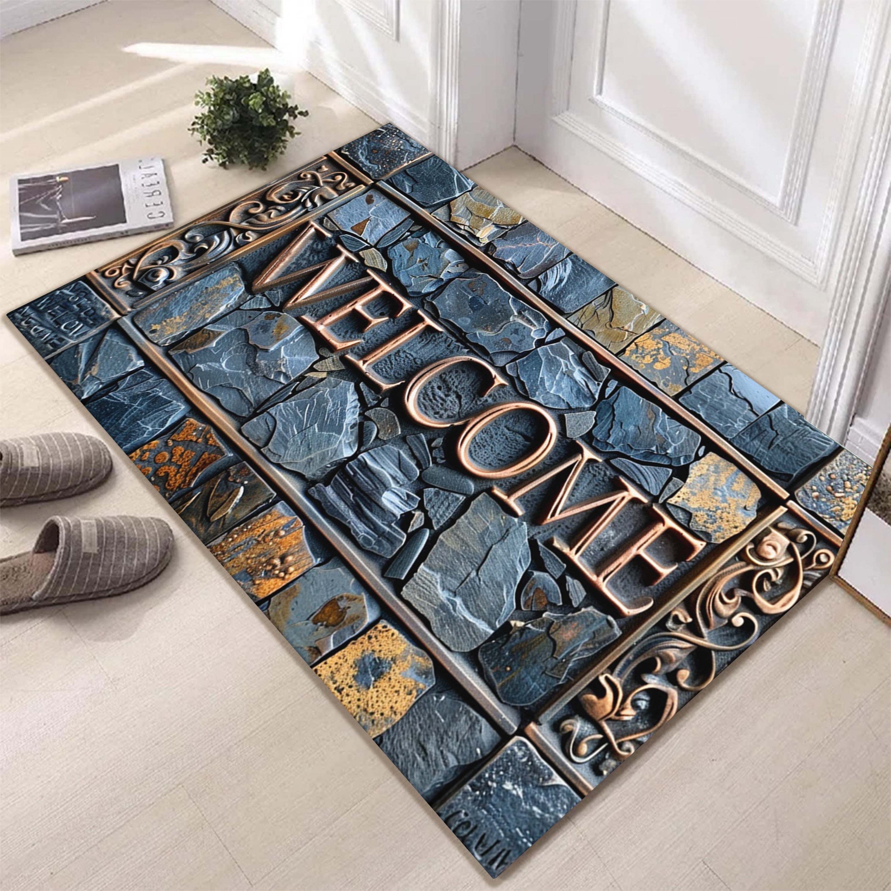Welcome 3D Tappeto di Pietra – Antiscivolo, Impermeabile e Lavabile – Per Interni ed Esterni