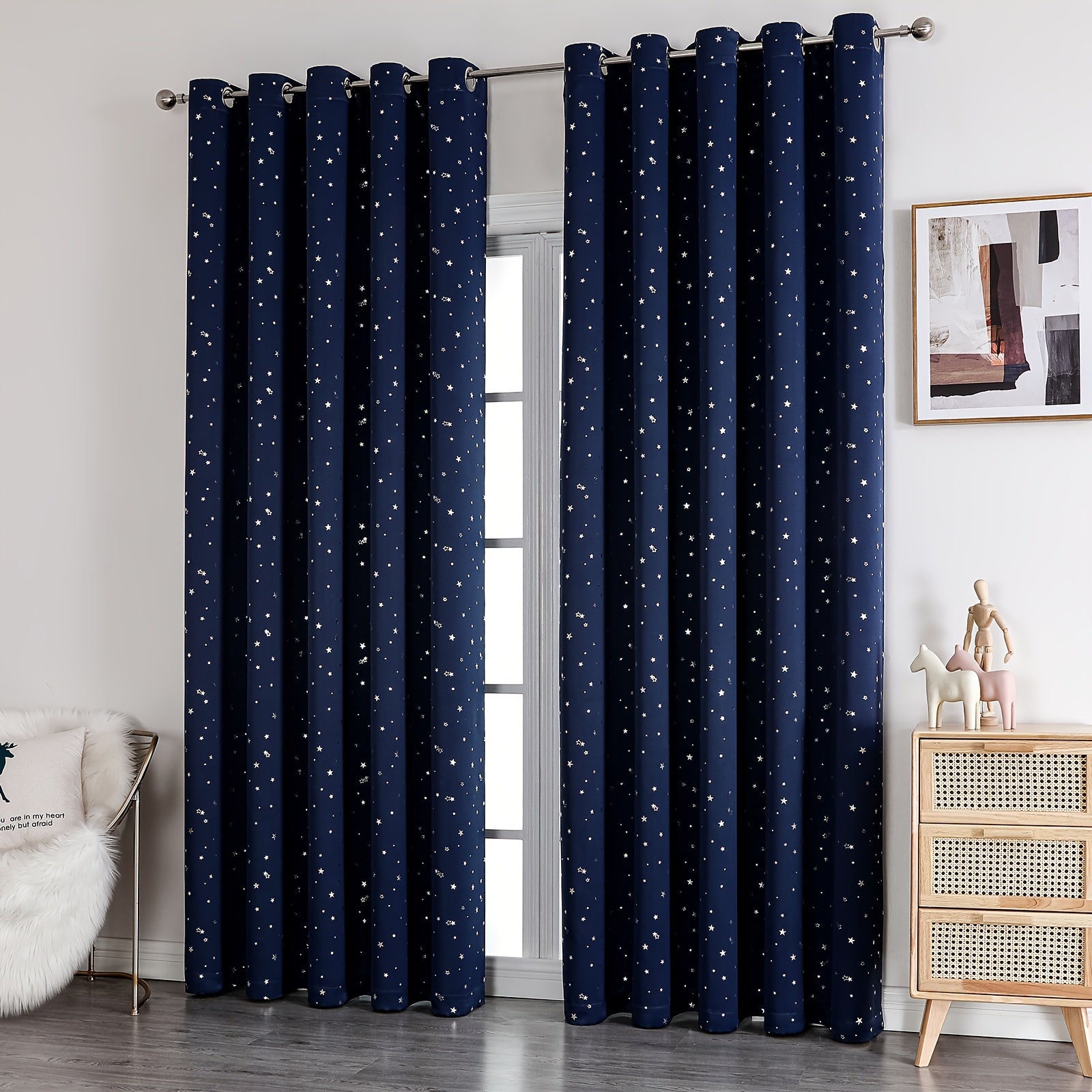 Cortinados Opacos - 2 Peças Isolados Termicamente com Padrão de Estrelas Prateadas para Quarto e Sala de Estar