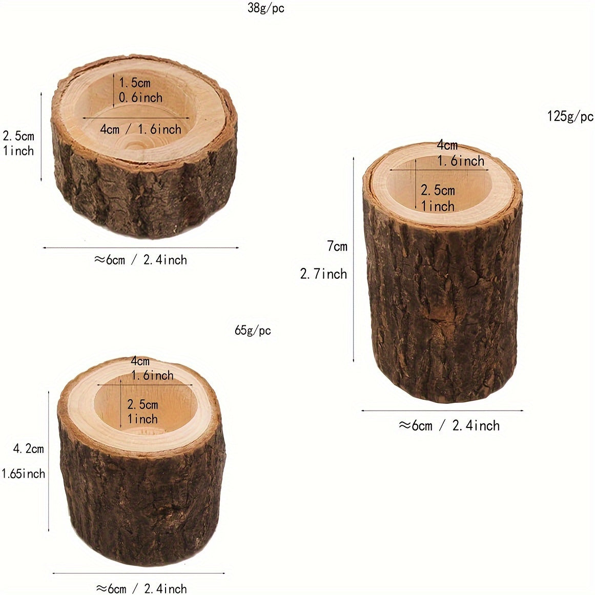 Set di 3 Portacandele in Legno - 2.5 + 4.2 + 7cm