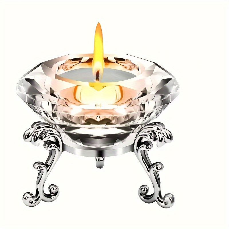 set di 2 candelabri in cristallo trasparente - stile europeo, candelabro romantico a forma di diamante con supporto triangolare in metallo