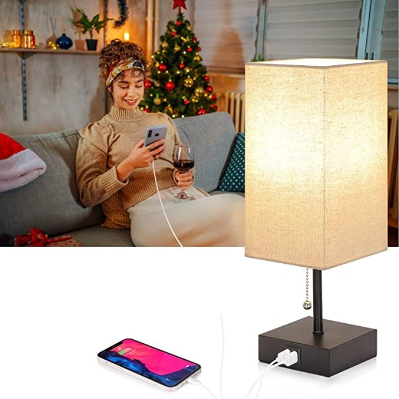 Lampada da tavolo USB - Lampada da tavolo con 2 porte di ricarica USB, lampada LED 2700K, paralume in lino