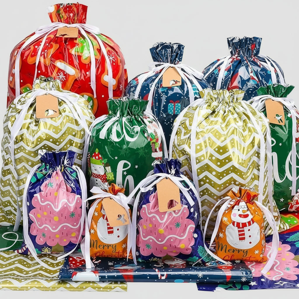 Christmas Gift Bag Drawstring Reusable Foil Bags Set 40 Pieces