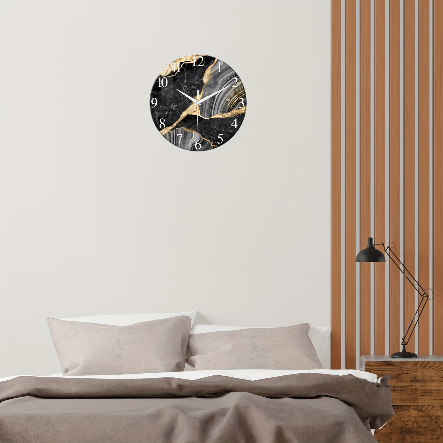 Reloj de pared moderno de vidrio de 12 pulgadas con patrón de mármol - Silencioso y alimentado por batería, perfecto para sala de estar y dormitorio (sin batería)