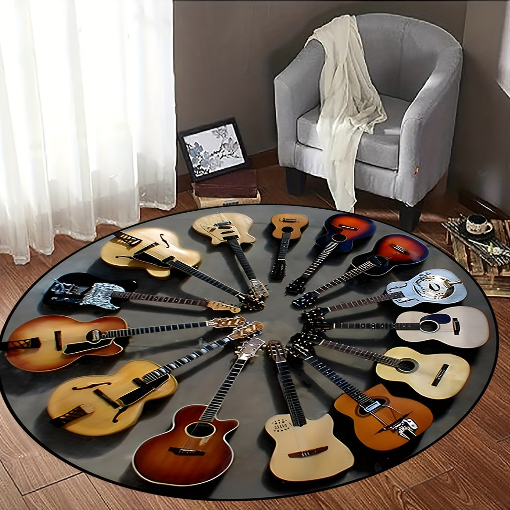 Tappeto Rotondo a Motivo Chitarra - Antiscivolo, Perfetto per Soggiorno e Camera da Letto, Ideale come Regalo