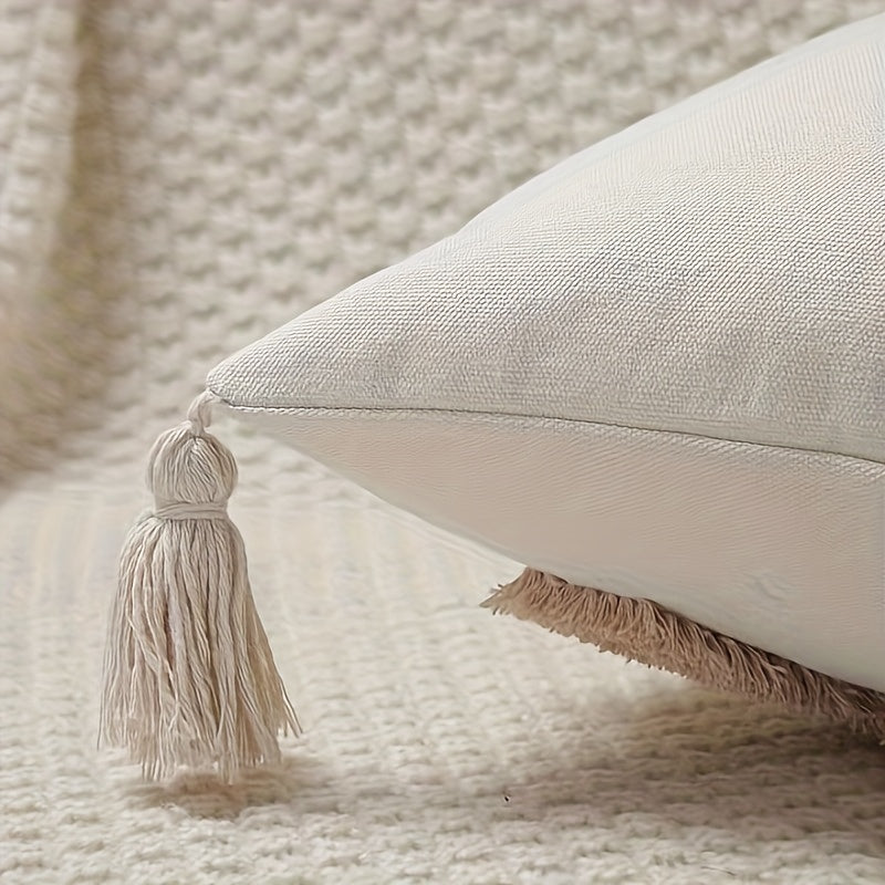 Capa de Almofada Bege Boémia com Borlas - Para Sofá e Cama (sem enchimento)