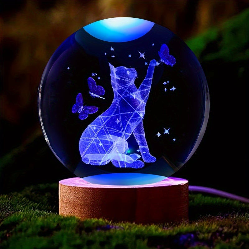 CrystalGlow - Lâmpada Noturna 3D de Gato e Borboleta em Cristal com Base de Madeira