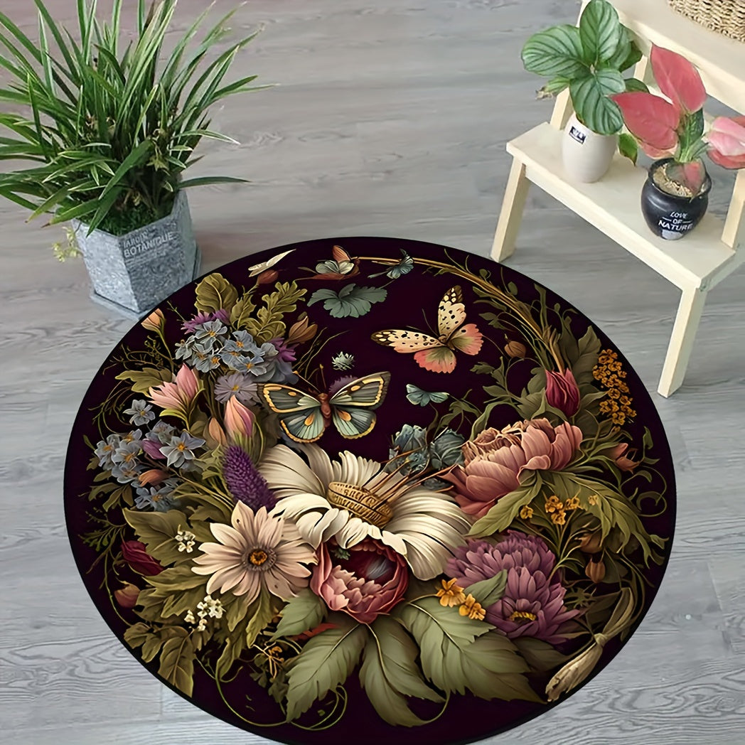 Tappeto Rotondo Floral Farfalla Oscura - Antiscivolo, Lavabile, Morbido e Confortevole in Poliestere per Soggiorno, Camera da Letto, Ufficio e Cameretta