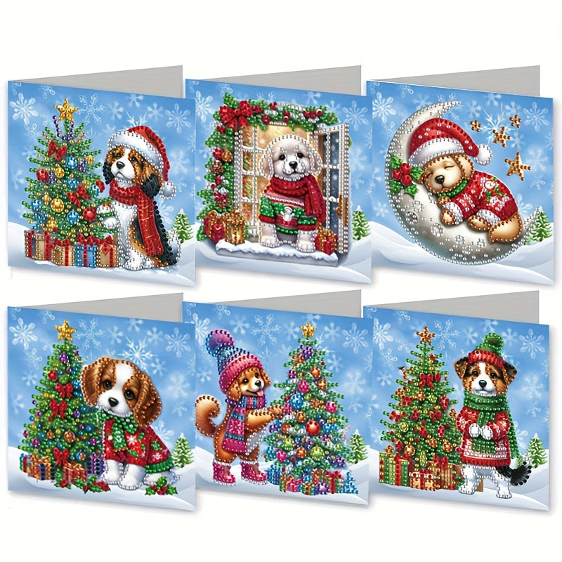 Confezione da 6 di Biglietti di Auguri con Diamante - Design di Cagnolino di Neve e Albero di Natale