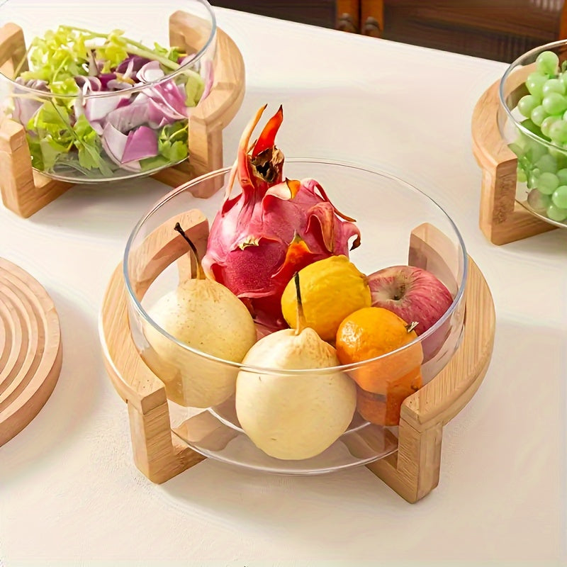 Faridabio - Bamboo & Glass Fruit Bowl Set with Wooden Stand