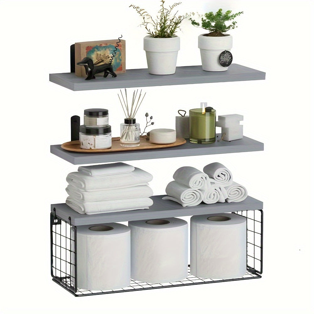 RusticWood - Wooden Floating Wall Shelf Set with Storage Basket