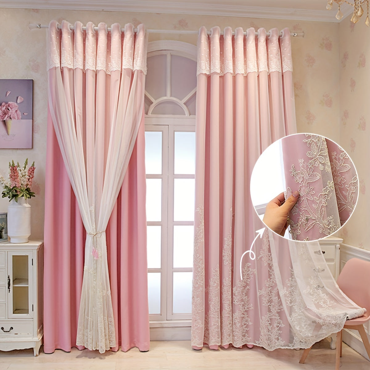 2 Piezas Cortinas Bordadas de Hada Elfo - Paneles de Cortina Translúcidos con Tela Integrada y Anillas