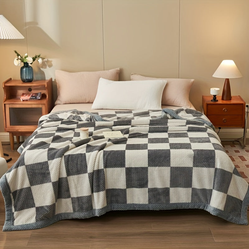 Manta de forro polar de leche a cuadros acogedora - Manta de invierno gruesa y suave para oficina y comodidad en la cama, lavable a máquina