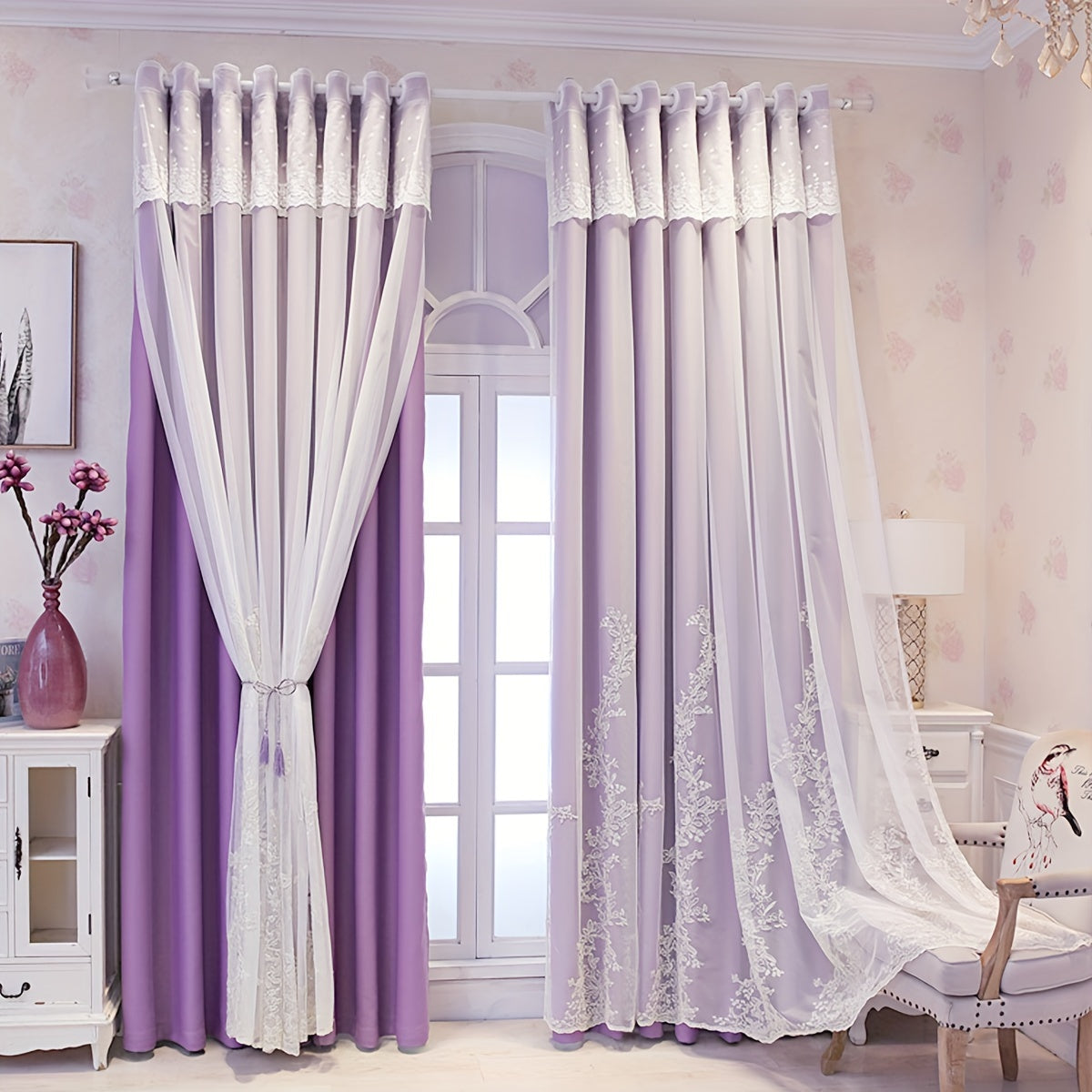 2 Piezas Cortinas Bordadas de Hada Elfo - Paneles de Cortina Translúcidos con Tela Integrada y Anillas