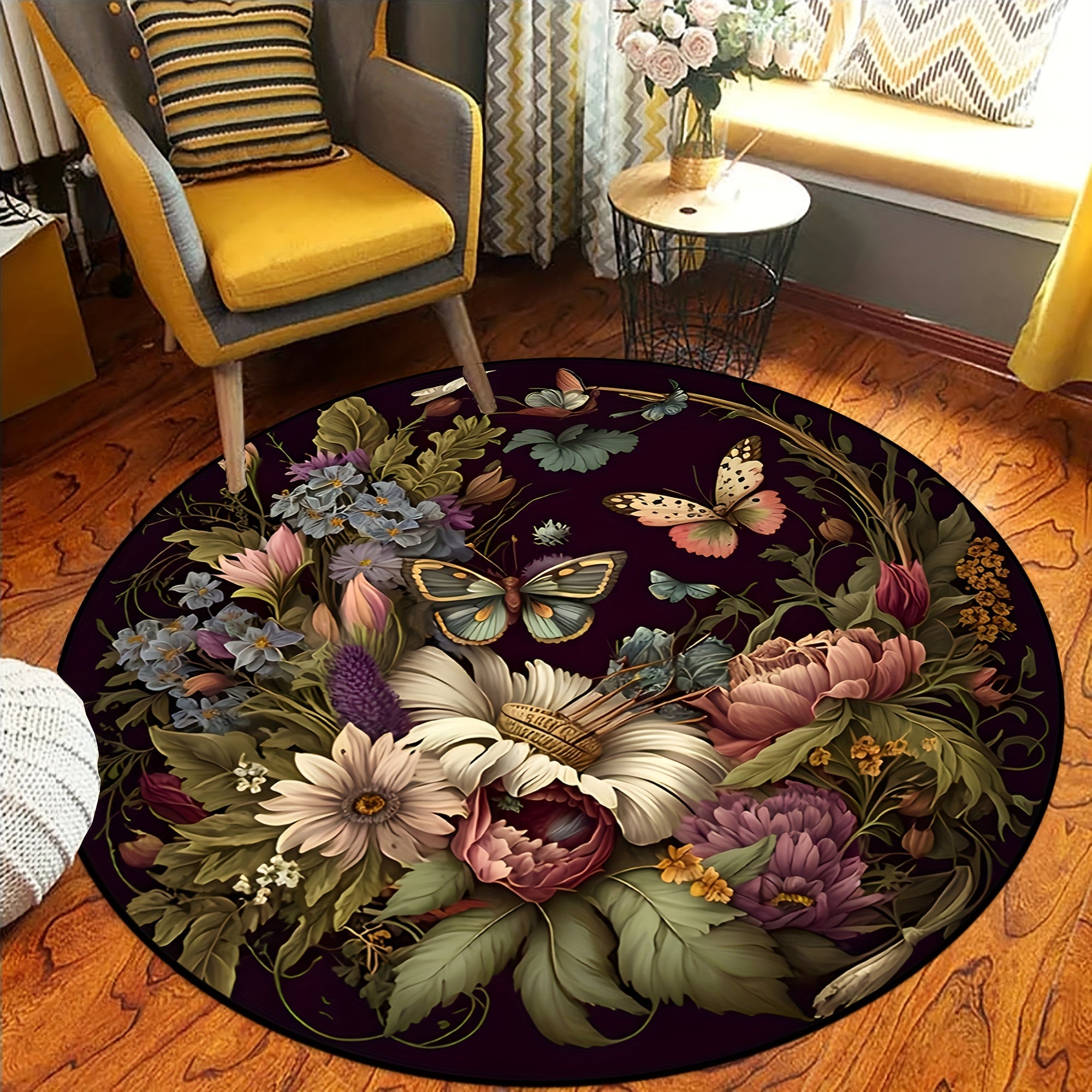 Tappeto Rotondo Floral Farfalla Oscura - Antiscivolo, Lavabile, Morbido e Confortevole in Poliestere per Soggiorno, Camera da Letto, Ufficio e Cameretta