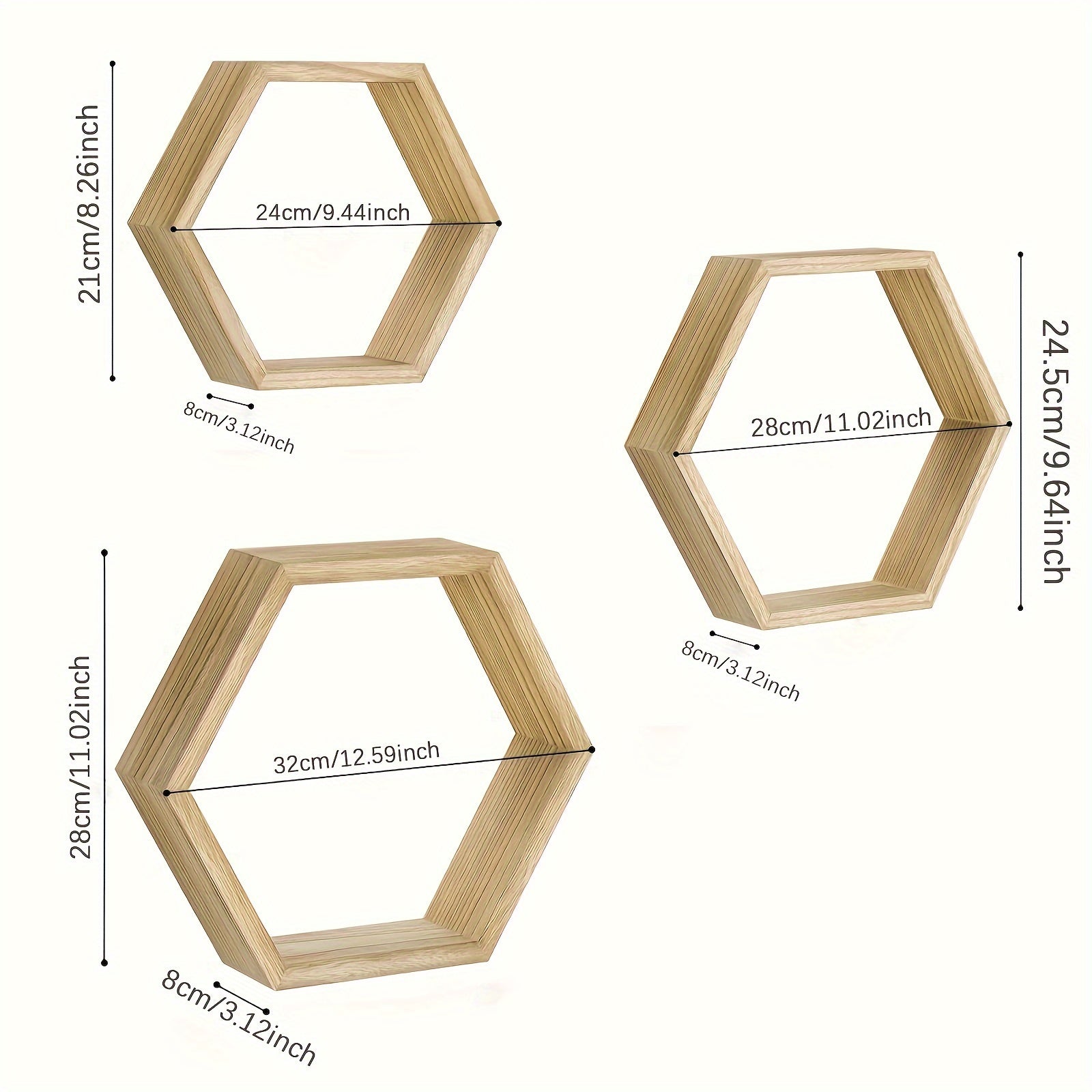 HexaWood - 3 Pieces Wooden Hexagonal Floating Wall Shelves for Kitchen, Living Room & Bedroom