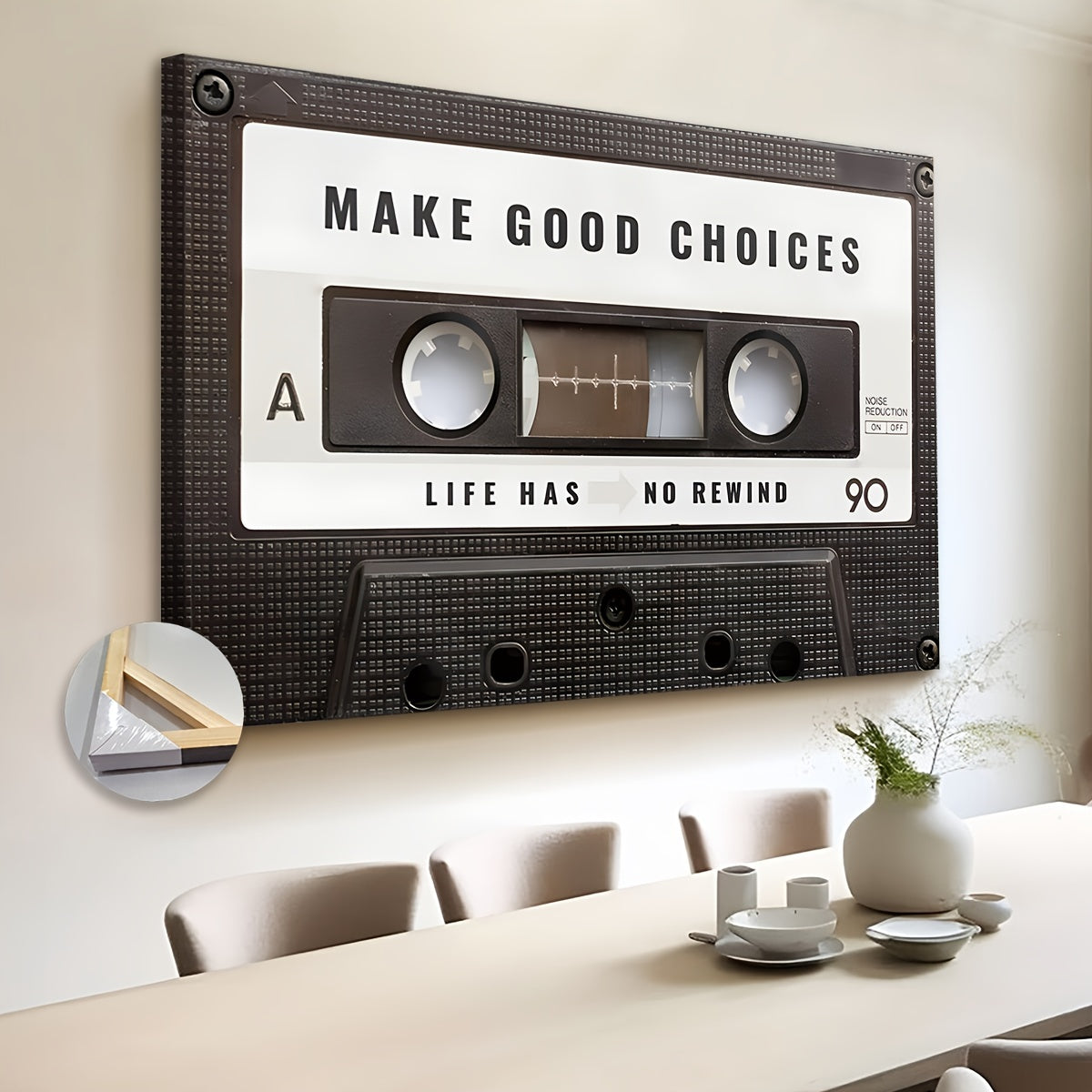 Extra Grande Tela Retro con Cassette - Citazione Ispiratrice, Pronta da Appendere, Perfetta per Soggiorno e Ufficio
