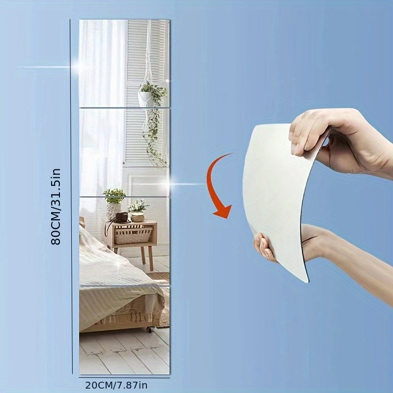 4-piece Set Acrylic Mirrors - Shatterproof, Full Mirror for Wall Mounting, Square