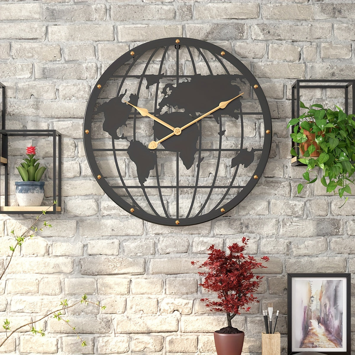 Wereldkaart Wandklok - Stille 40cm Metalen Klok met Gouden Cijfers