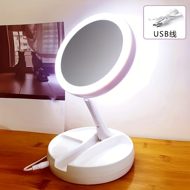 Opvouwbare Make-up Spiegel met LED Verlichting en Opbergbox – Dubbelzijdige 1X en 10X Vergrotende Spiegel voor Tafel of Kaptafel