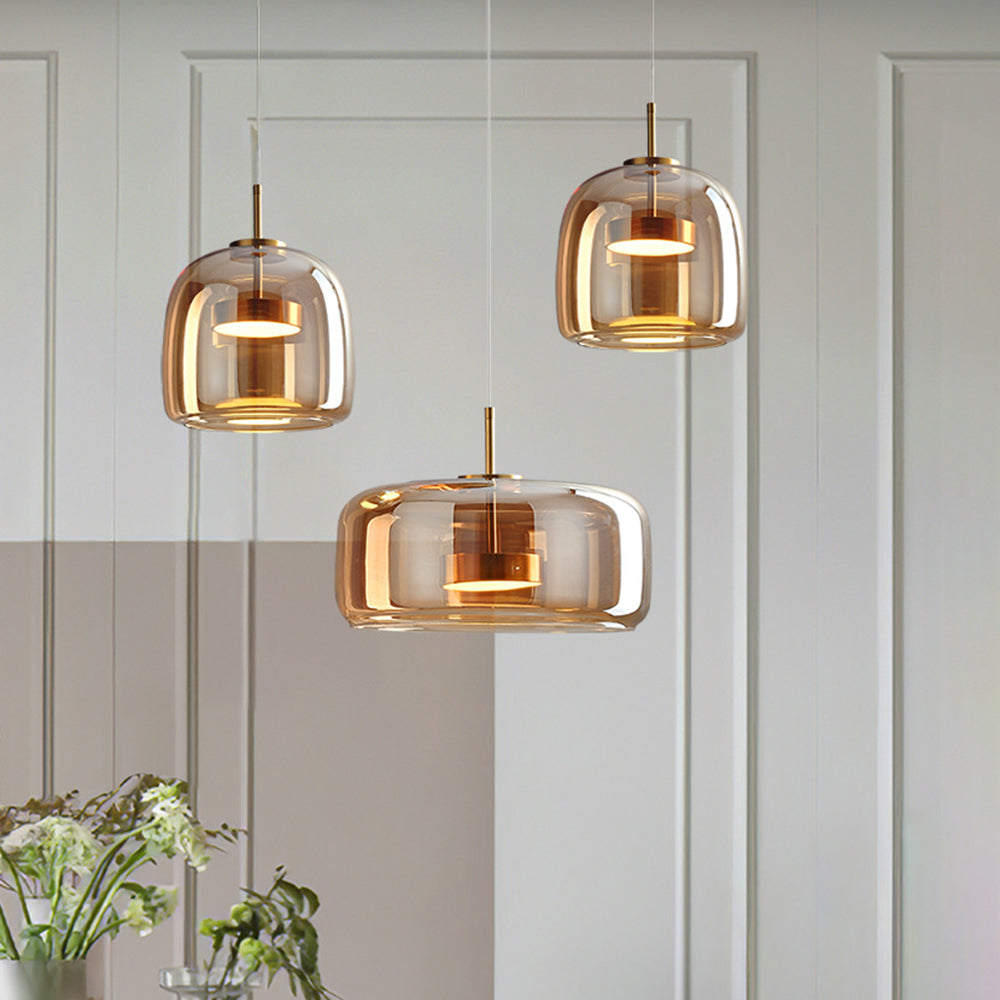 AmberGlow - Candeeiros suspensos retro de metal dourado e vidro com LED