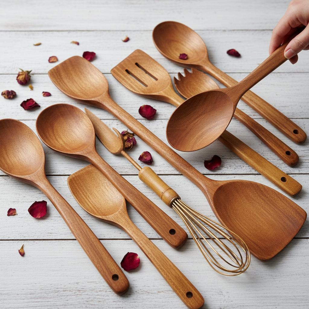 Kitchen Utensil Set Teak Wood Holder Daily Cooking