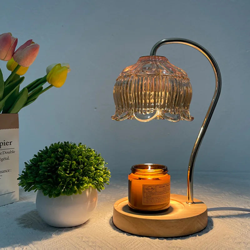 RetroGlow - Lámpara de Mesa Vintage Americana con Pantalla de Cristal y Base de Madera