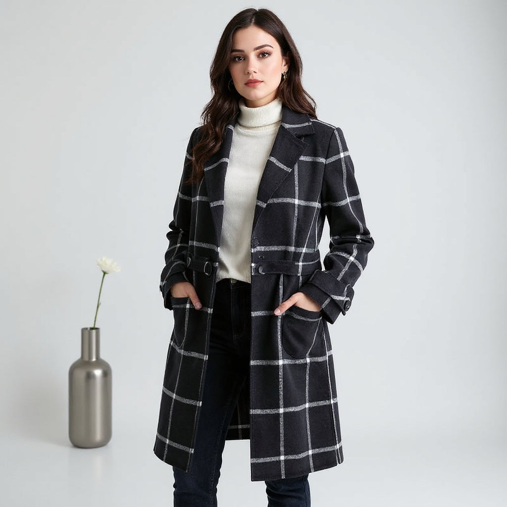 Elegant Women's Coat Checkered Pattern Wool Blend Winter