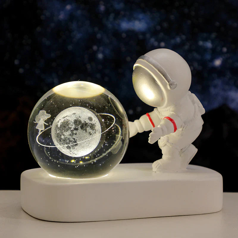 Luz Noturna Astronauta - Lâmpada Espacial com LED e Globo de Cristal