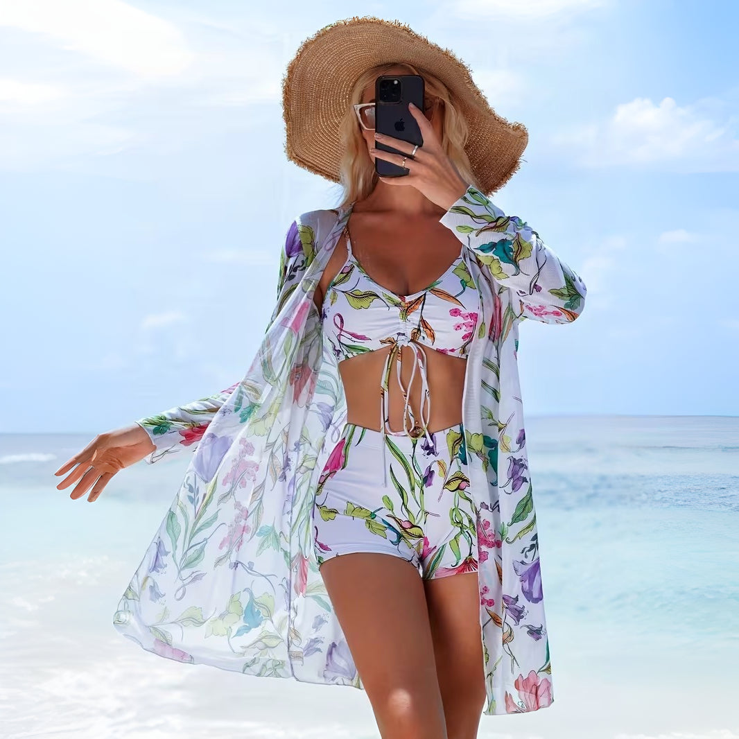 Bikini Donna Set 3 Pezzi Vita Alta Cover Up Spiaggia