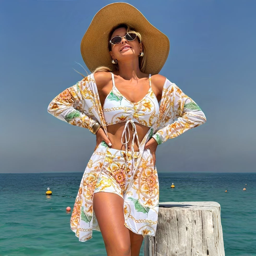 Bikini Donna Set 3 Pezzi Vita Alta Cover Up Spiaggia