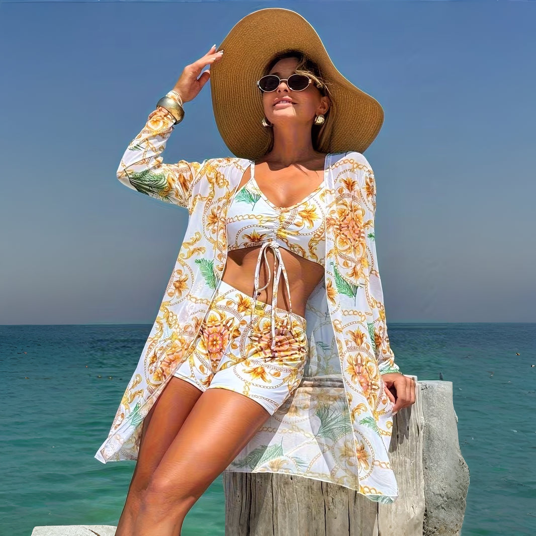 Bikini Donna Set 3 Pezzi Vita Alta Cover Up Spiaggia