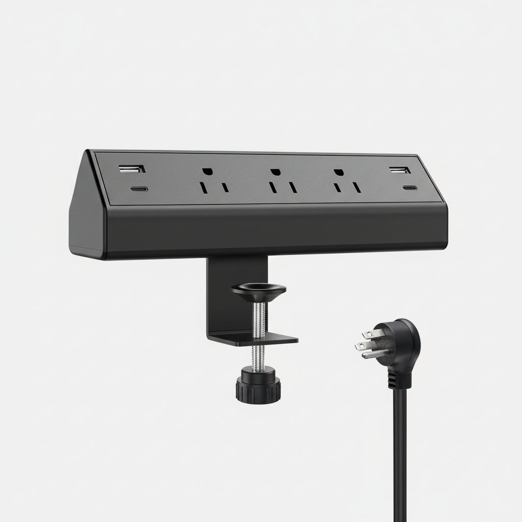 Abrazadera de escritorio con regleta y puertos USB-C y USB-A para carga rápida
