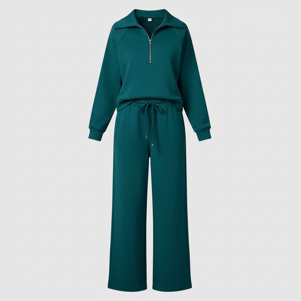 Conjunto Casual para Senhora com Sweatshirt de Meio Fecho e Calças Palazzo