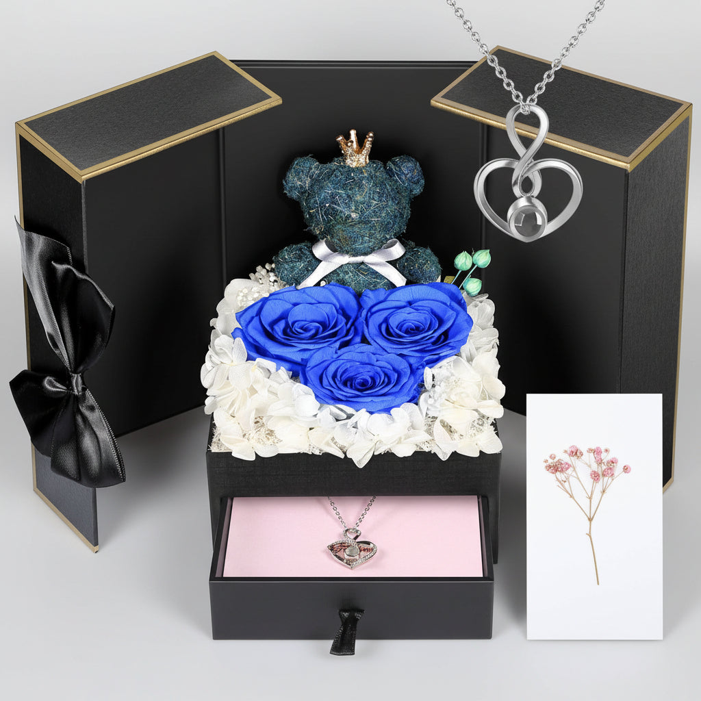 Bewaarde Rose Gift Box Handmade Bear I Love You Necklace