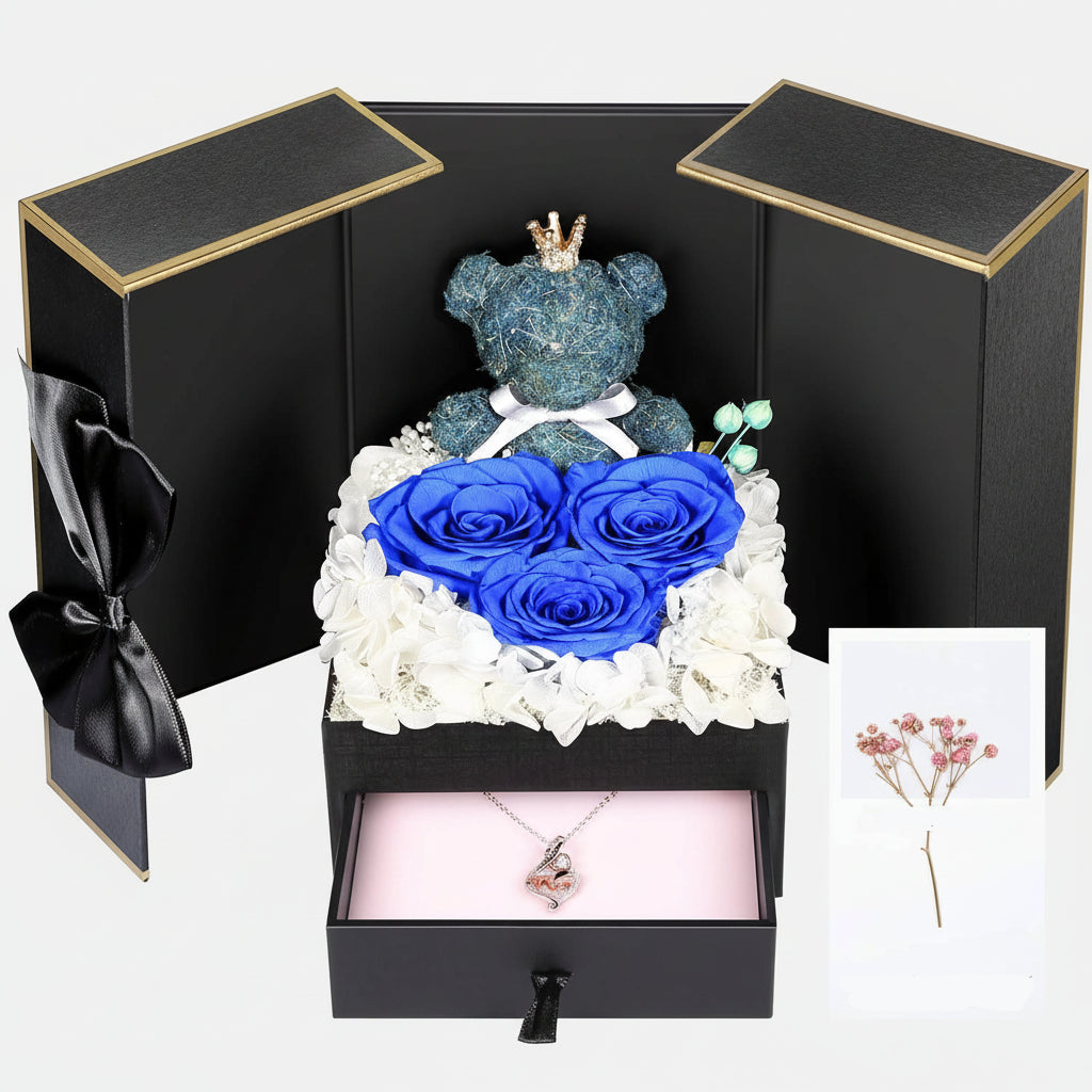 Bewaarde Rose Gift Box Handmade Bear I Love You Necklace