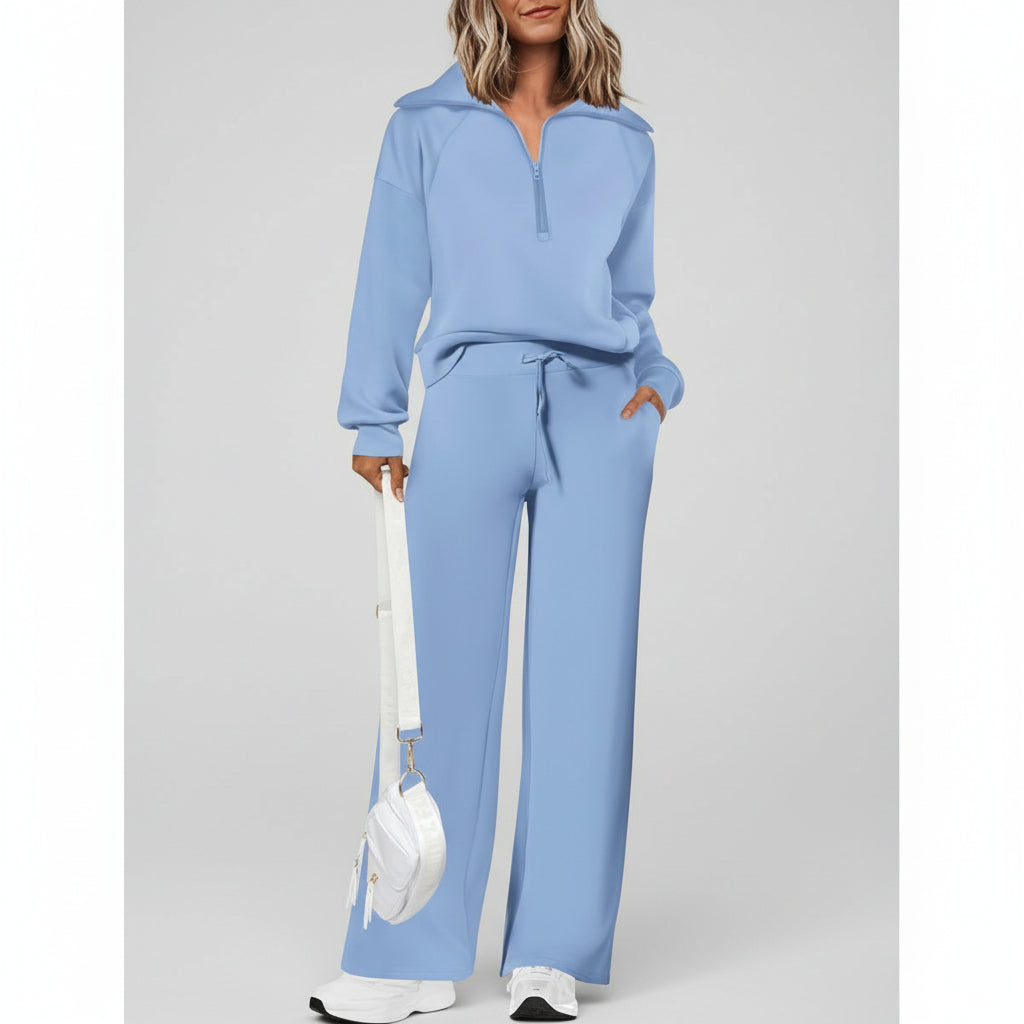 Conjunto Casual para Senhora com Sweatshirt de Meio Fecho e Calças Palazzo