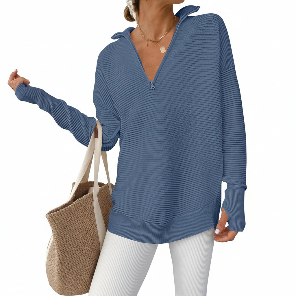 Womens Sweater Knitted Half Zip V Neck Ribbed Fabric Oversized
