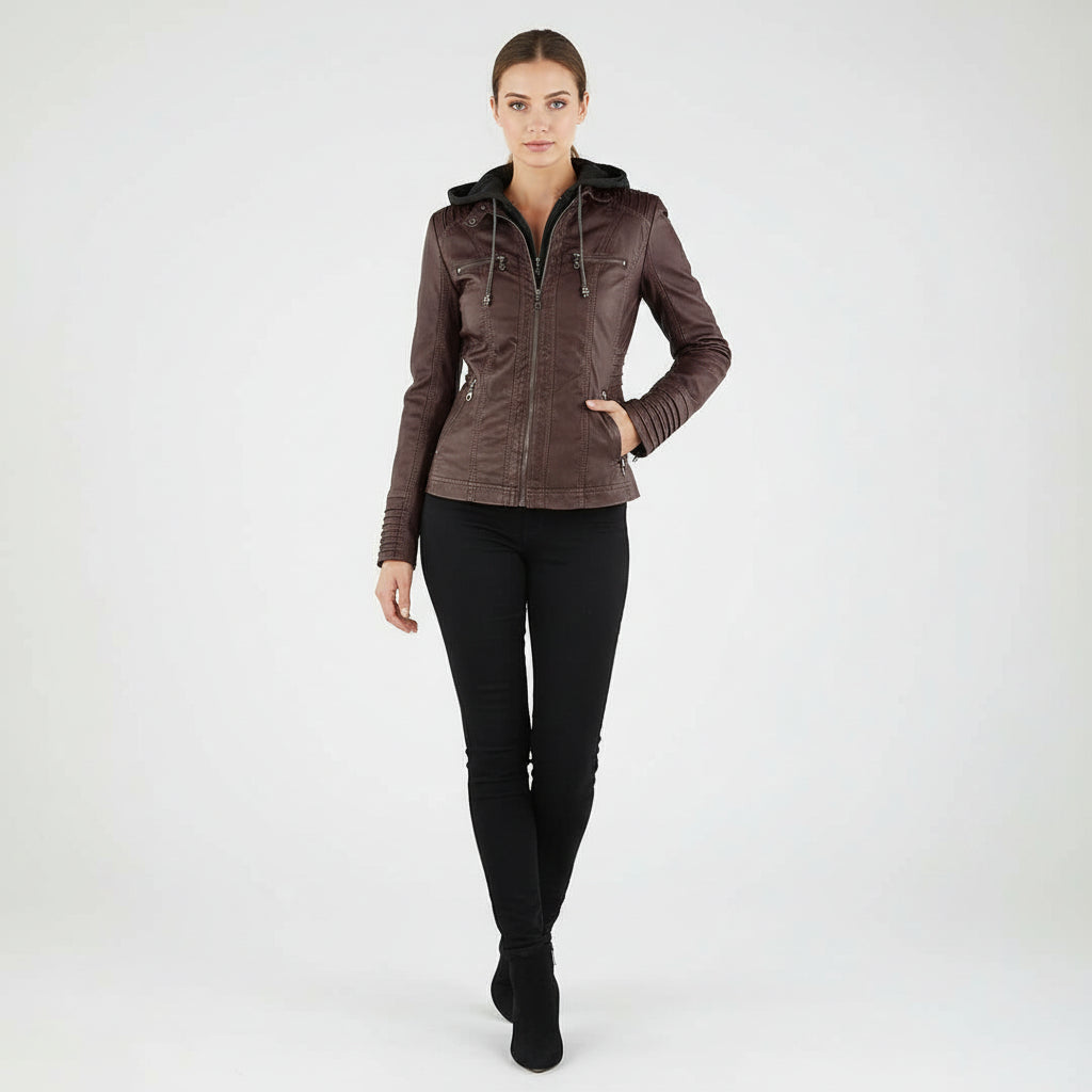 Giacca Donna Effetto Pelle Cappuccio Elegante Confortevole