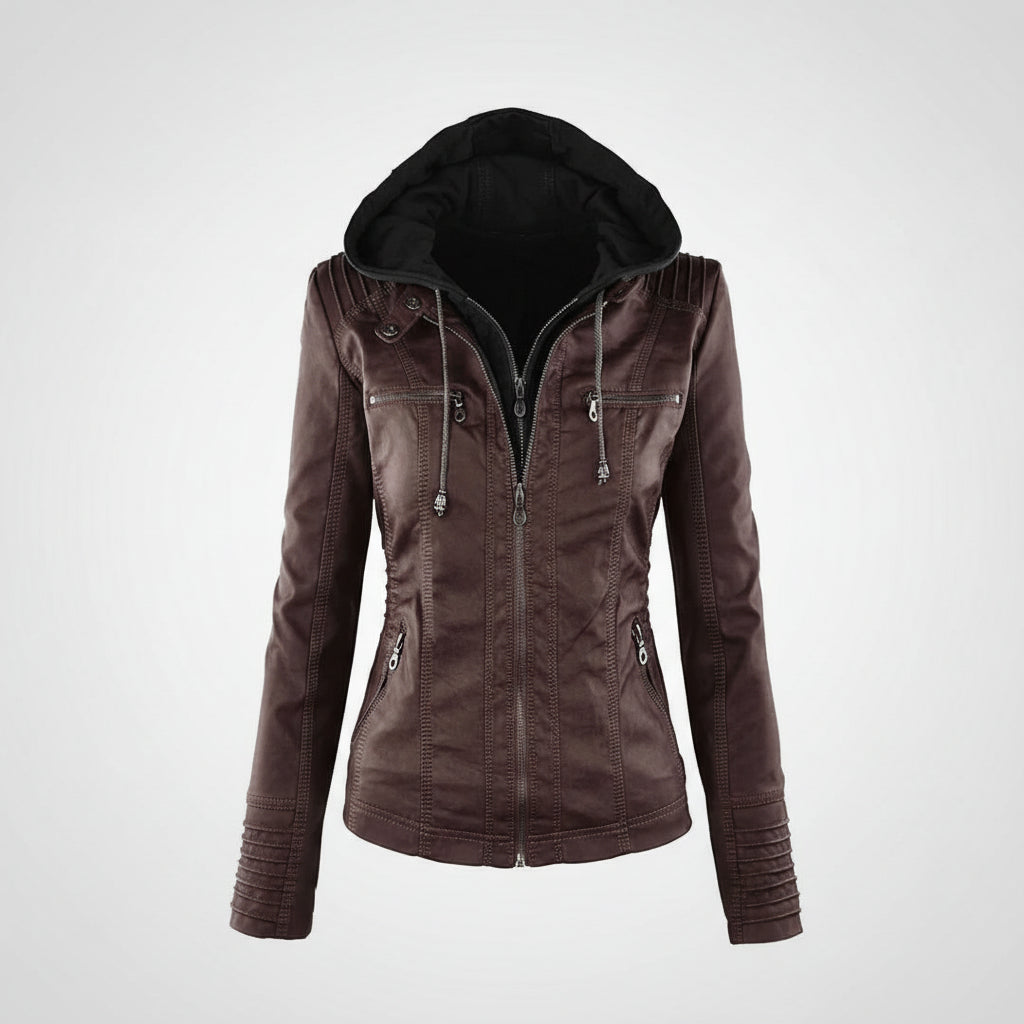 Giacca Donna Effetto Pelle Cappuccio Elegante Confortevole