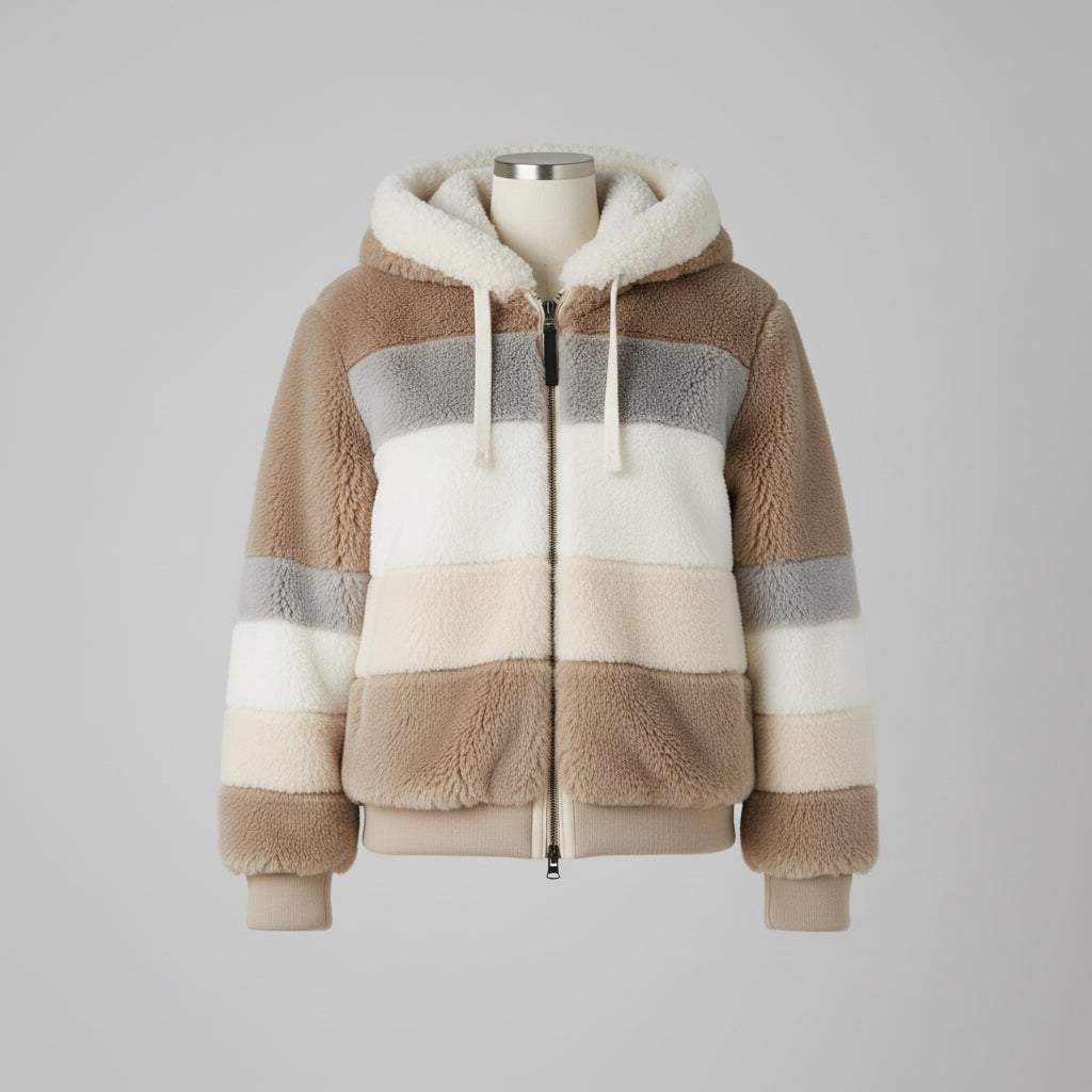 Giacca Invernale Donna Teddy Oversize Blocchi Colore Cappuccio Cerniera