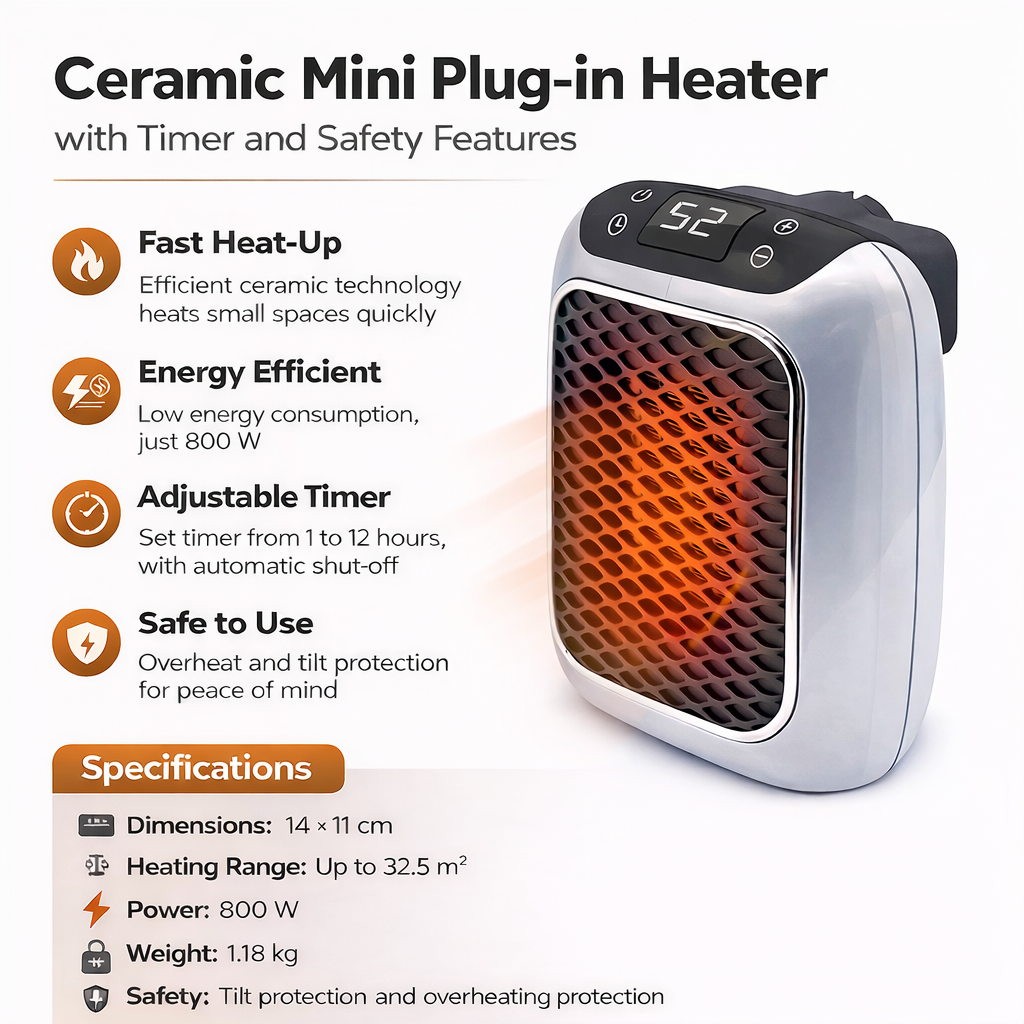 Mini Aquecedor de Ficha Cerâmico com Temporizador e Funções de Segurança