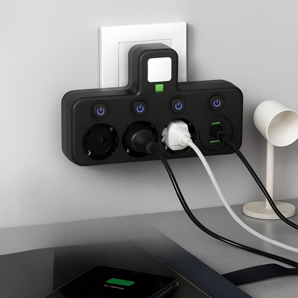 Ciabatta eléctrica múltiple USB con interruptor, 3 tomas compacta