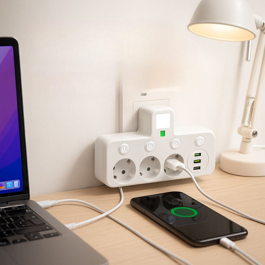 Ciabatta eléctrica múltiple USB con interruptor, 3 tomas compacta