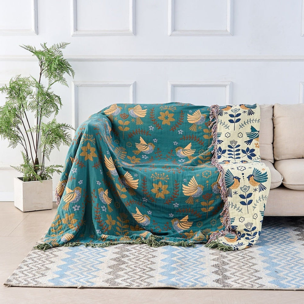 Manta de Algodão Decorativa com Padrão Floral e Franjas
