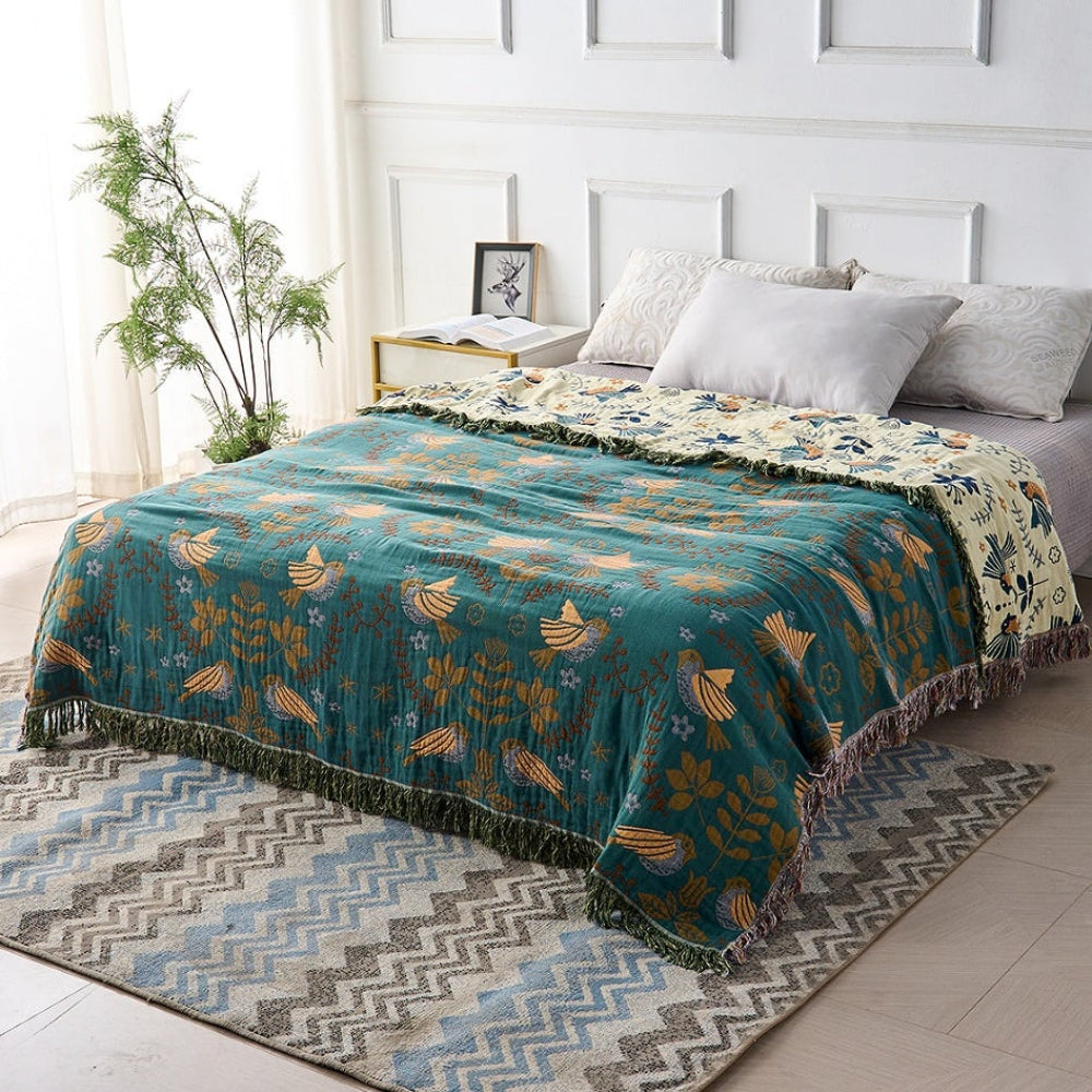 Manta de Algodão Decorativa com Padrão Floral e Franjas